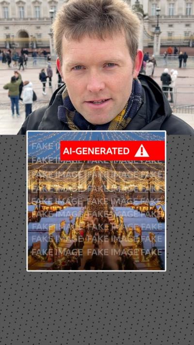 BBC London's Harry Low stands next to a fake AI-generated image of a sprawling Christmas market outside Buckingham palace