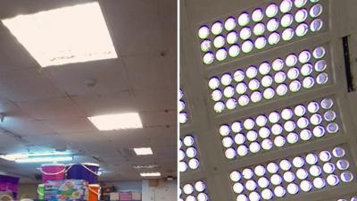 Ceiling seen before (l) and after (r) renovation work at Khan's Bargains in Peckham