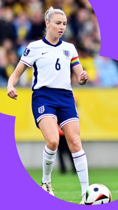 England's Leah Williamson playing on the pitch with a football by her foot