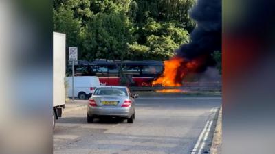 The bus which caught fire on the A52 in Derby