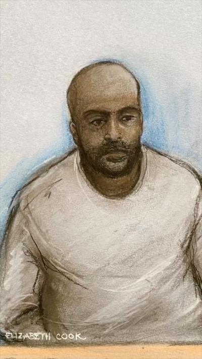 Court artist drawing by Elizabeth Cook of Sudanese national Hadi Alodid, 30 appearing via videolink at Belfast Magistrates Court,