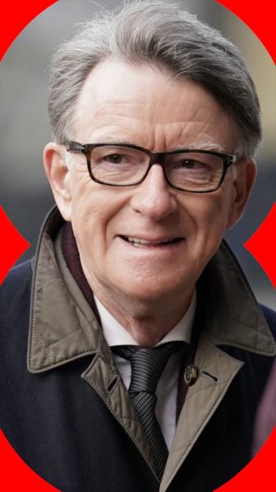 A man, Peter Mandelson, wears black glasses and a coat. He is pictured walking with a slight smile.