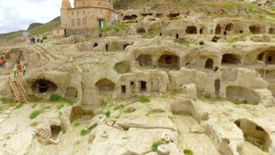 An underground city carved into the rock in the city of Nevsehir, Turkey