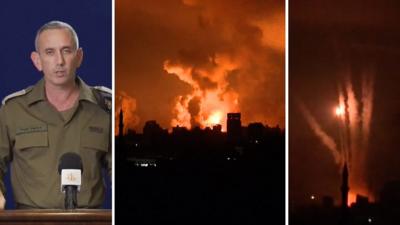 IDF Spokesperson Daniel Hagari, explosion and huge plumes of smoke seen in Gaza, and rockets seen fired from Gaza