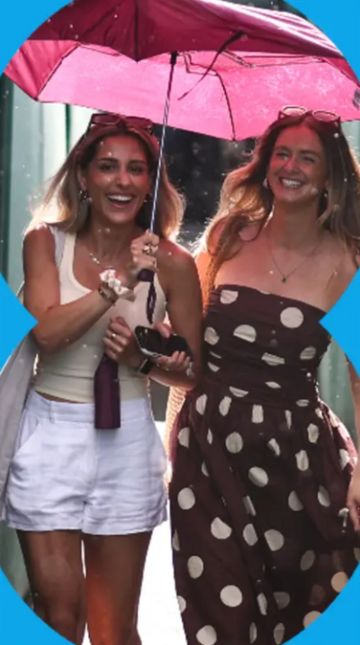 Two women in attendance at Wimbledon, standing under an umbrella 