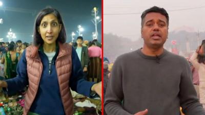 Samira Hussain at the site of the festival at night is seen next to a photo of Vikas Pandey at the site at dawn