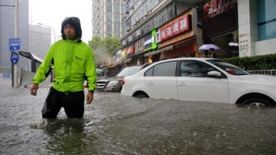 Flooded street in heavy rain in Wuhan