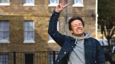 Jamie Oliver celebrates after hearing the news of the Chancellor's sugar tax