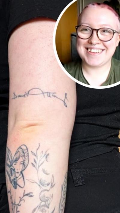 A split screen image of Olli Ellis, a young woman with round glasses, a nose ring and short hair, along with the tattoo of Sir David Attenborough's signature on the back of her upper arm.
