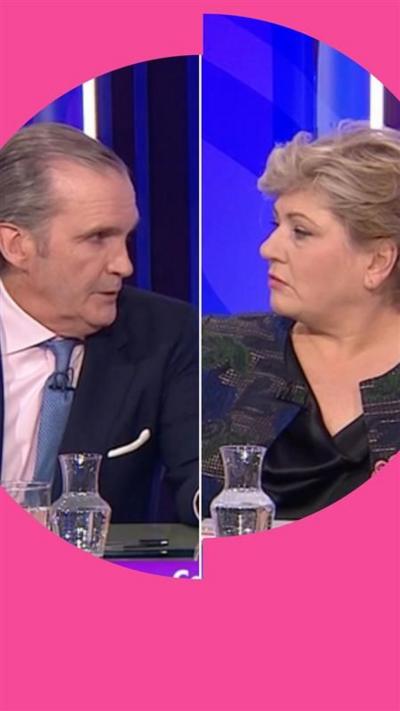 Split screen of Greg Swenson and Emily Thornberry talking on the Question Time set.