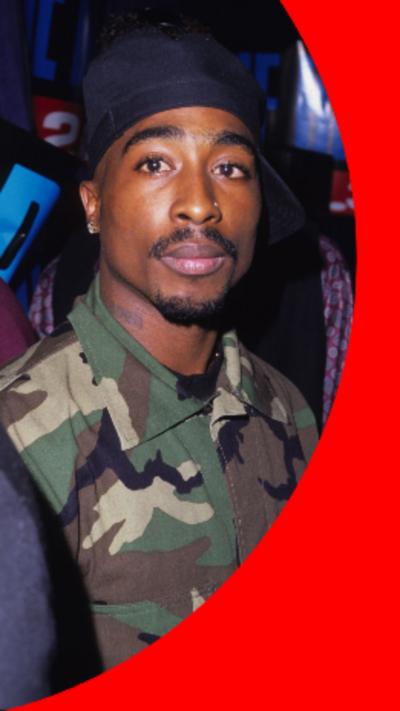 Image of Tupac Shakur wearing a blue bandana and a camouflage jacket. He has a goatee beard and moustache.