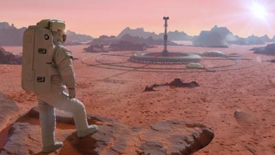 Illustration of person in space suit setting foot on a planet, looking at a base in the landscape 