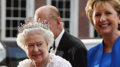 Queen Elizabeth II arrives to attend a state banquet in Dublin Castle with Irish president Mary McAleese in May 2011 in Dublin, Ireland