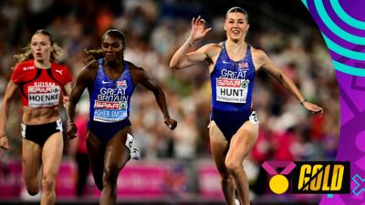 Amy Hunt stretches over the line, leaving Dina Asher-Smith and Fabienne Hoenke behind