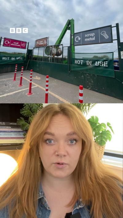 Half the image is a woman talking and the other half is a recycling centre. 