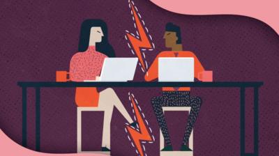 Illustration of two people working at their desk separated by lightning bolts