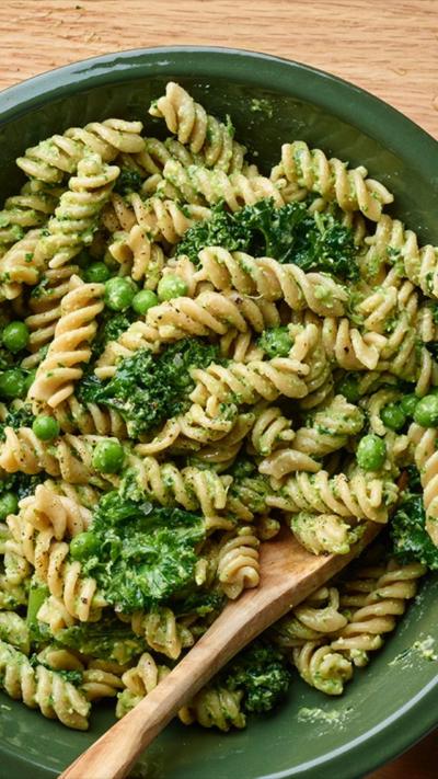 Fusili pasta with peas and pesto in a green bowl on a wooden chopping board