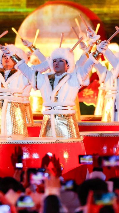 Drummers perform at a New Year ceremony in Beijing