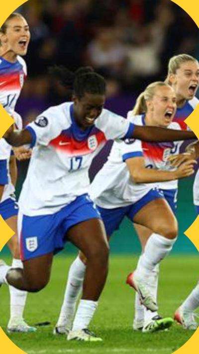 Four England players celebrate after winning penalty shootout against Sweden.