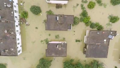 Aerial view of flooding in Nanling, Anhui Province in China