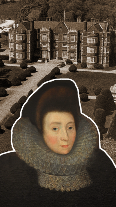 A portrait of Anne Griffith. She has pale skin, rosy cheeks and brown hair. She is wearing a black dress with a large, white, ruffled collar. She has been super imposed on to a picture of Burton Agnes Hall.