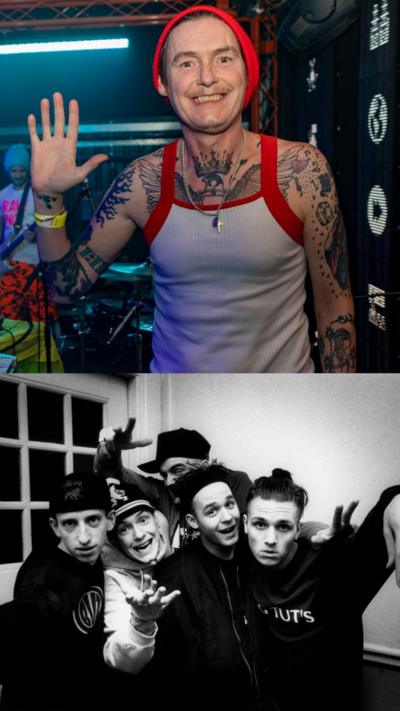 Top photo is a man smiling, the bottom photo is a black and white photo of the band EMF. 