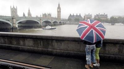 Two people huddled underneath a Union Jack umbrella, looking away from the camera across the bridge to Parliament buildings on the other side.