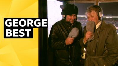 Jackie Fullerton and George Best holding microphones.