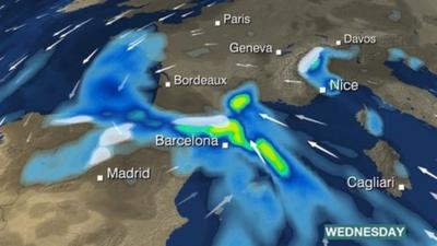 BBC Weather graphics showing heavy rain across Spain, France and Italy.