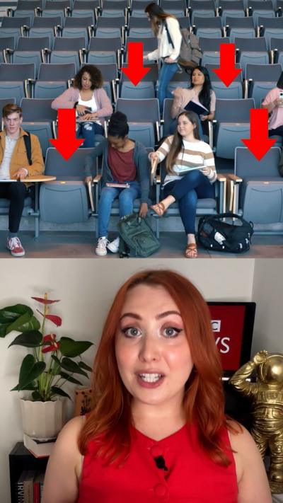 
In the top image , seven students sit n a lecture hall with blue chair.s In the bottom image, a woman with dyed ginger hair smiles at the camera. She has blue eyes and is wearing a red vest top. She is in front of a cream wall, an orange flower with green leaves, a BBC News sign, and a gold astronaut figurine.