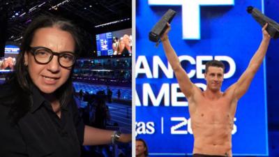 Composite image showing BBC's Shaimaa Khalil on the left and swimmer Kristian Gkolomeev holding two trophies