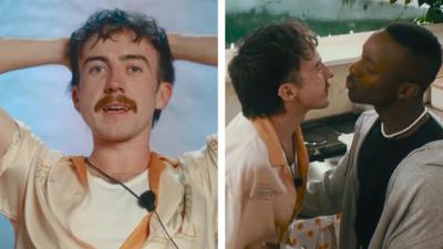 Composite image: left - Jack is sat with his arms behind his head; right - Jack and Baraka go in for a kiss.