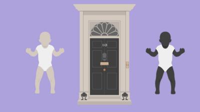 Black baby and white baby by the door to 10 Downing St