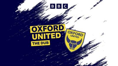 BBC Oxford's Oxford United podcast logo - "Oxford United The Dub and club crest in blue and yellow on dark blue and white background with BBC logo at top