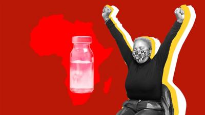 Composite of a masked woman and a vaccine bottle