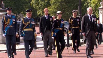 Prince William, King Charles III, Prince Harry, Prince Edward and Prince Andrew walking behind the Queen's coffin