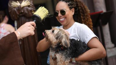 A woman holds a mid-size dog up to be blessed with holy water.