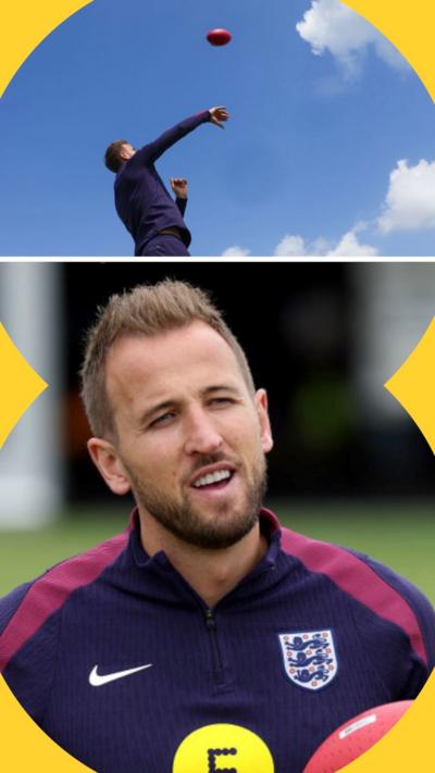 Splitscreen image of Harry Kane from 2004, he wears a Three Lions training kit and holds/throws a grid iron ball.