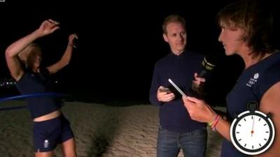 Katherine Grainger reads out questions to a hula hooping Vicky Thornley with Dan Walker on BBC Breakfast