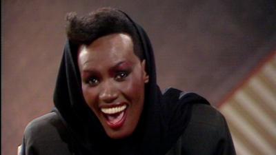 Grace Jones laughs in her Wogan interview