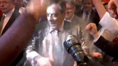 Francois Fillon hit with flour