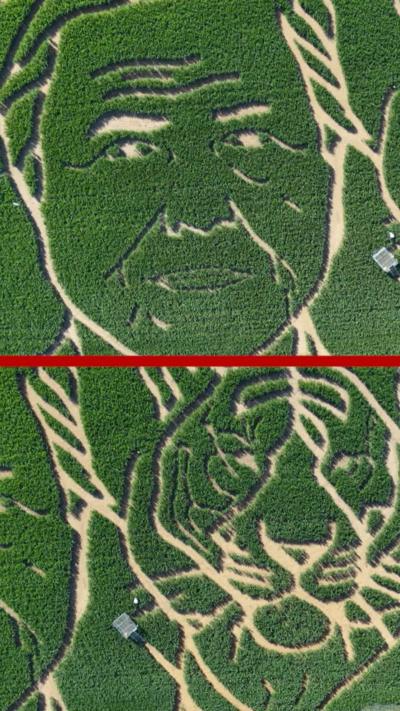 A green corn maze with a portrait of Sir David Attenborough carved into it surrounded by an elephant, tiger and gorilla.