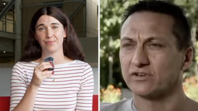 A composite of a journalist holding a small microphone dressed in a white and red striped top, with a man speaking to camera on the right.