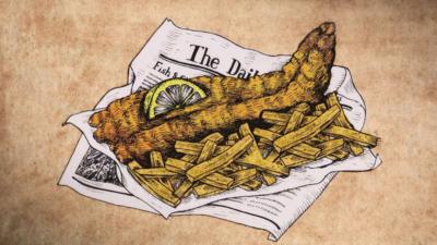 Illustration of fish and chips takeaway on newspaper