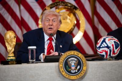 US President Donald Trump speaks about the FIFA World Cup 2026 at the White House.