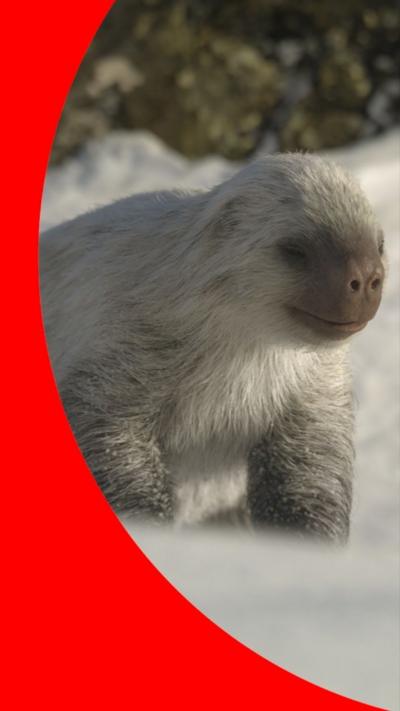 A CGI recreation of a sloth-like prehistoric creature with light grey fur walking on snow in a rocky, wintry landscape.