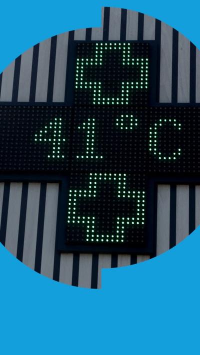 A close-up of a public pharmacy sign in France showing a temperature of 41 degrees Celsius.