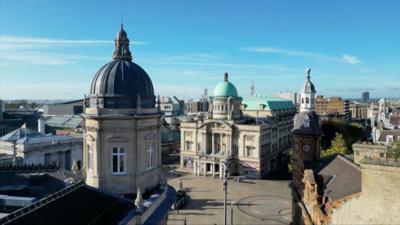 An elevated view of Queen Victoria Square in Hull on a clear day