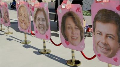 Signs showing the faces of candidates in the US election.