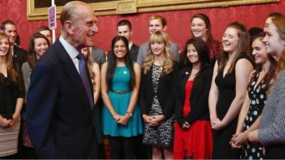 Duke of Edinburgh with young people involved in the Award.